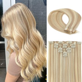 Bellecho Clip in Hair Extensions Real Human Hair, Silky Straight Real Remy Human Hair Extensions Clip ins, Dirty Blonde to Platinum Blonde Clip in Extensions for Women, 20inch 120g 7Pcs, P18/60#