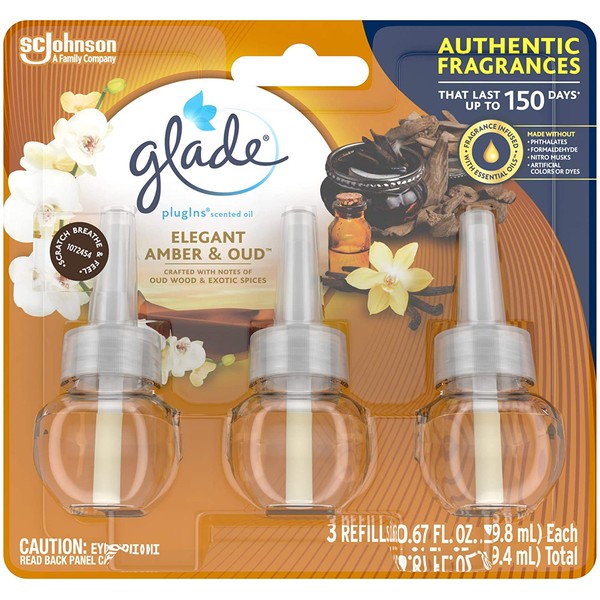 Glade PlugIns Refills Air Freshener, Scented and Essential Oils for Home and Bathroom, Elegant Amber & Oud, 2.01 Fl Oz, 3 Count