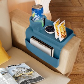 ETSSWYTO Silicone Couch Cup Holder Anti-Slip Armrest Tray with Dual Side Pockets Large Capacity Sofa Organizer for Remote, Cellphone, Snacks & Drinks, Weighted & Sturdy (Dark Blue)