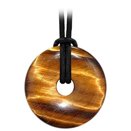 Kaltner Presents Necklace Tiger Eye Gemstone Donut Pendant with Leather (Diameter 40 mm)