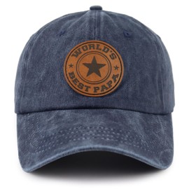 World's Best Papa Grandpa Hat with Leather Patch, Adjustable Embroidered Cotton Fathers Day Dad Baseball Cap, Navy, One Size