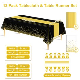 12 Pack Black Gold Tablecloth and Table Runner Set Party Decorations, White and Pink Plastic Disposable Tablecloth and Satin Table Runner for Wedding Birthday Party (Black Gold)