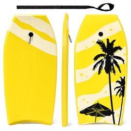 SPORFIT Bodyboard, 33/37/41 Inch Lightweight Surf Board with EPS Core, XPE Deck & HDPE Slick Bottom, Adjustable Wrist Leash, Body Board for Beach, Suitable for Kids Adults (Yellow Coconut Palm, 41")