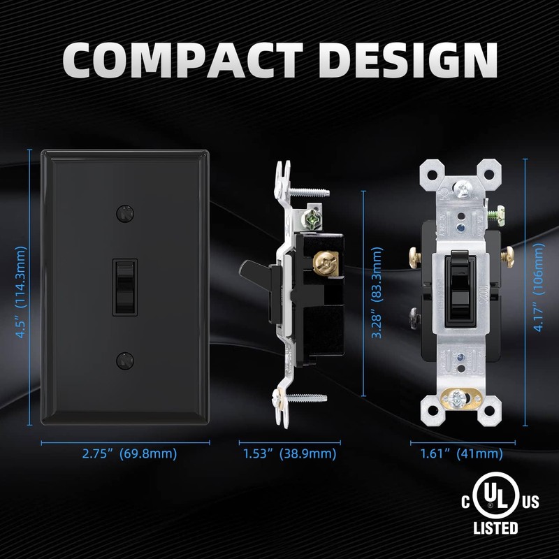 ELEGRP 3 Way Toggle Light Switch with Plate, 15 Amp,