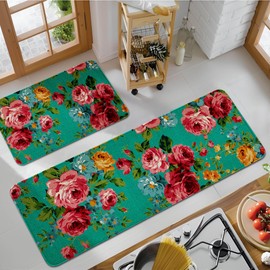 safarsa Kitchen Mats Set of 2 - Non-Slip Washable Rugs, Colorful Decorative Floor Mats, Easy-Clean & Stain-Resistant for Modern Home Decor (17"x30" & 17"x47") Teal Background Roses Floral