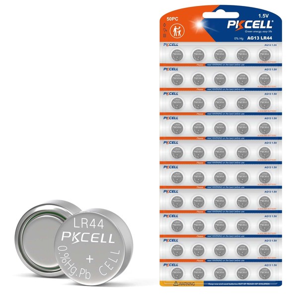 PKCELL LR44 Batteries 50-Pack 1.5 Volt Alkaline AG13 Watch Battery