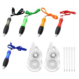 5-Piece Ballpoint Pens with Lanyard, with 5-Piece Refills and 2-Piece Correction Straps, Press Ballpoint Pens, Study and Office Supplies, Writing Instruments