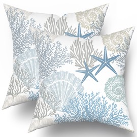 Nautical Coastal Throw Pillow Covers 18x18 Inch Summer Ocean Themed Seashell Coral Starfish Pillow Cases Set of 2 Soft Cotton Square Cushion Covers for Home Couch Sofa Patio Bedroom