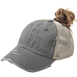Distressed Ponytail-Hats for Women Baseball Buns Mesh Ponycap Dad Hat - grey - One Size
