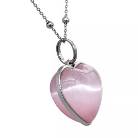 Controse heart necklace pink cat's eye heart pendant necklace stainless steel beads chain