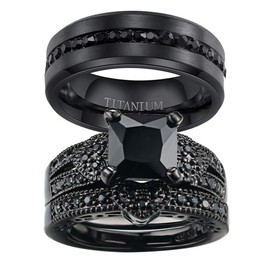 ringheart 2 Rings His and Hers Ring Couple Rings Black Cz Rings Womens Wedding Ring Sets Titanium Steel Mens Wedding Bands, Titanium Steel, Black Plating, Cubic Zirconia