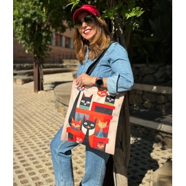 Loxato Printed Cat Fabric Bag with Zip - Aesthetic Bag - Fabric Bag with Zip - Jute Bag Cat - Fabric Bag Aesthetic, Cat Love 2