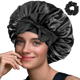 Haquno 1 Piece Satin Bonnet Night Sleep Hat Adjustable Sleep Cap Headgear Soft Head Cover Sleep Cap Silk with Elastic Band for Women and Girls (Black)