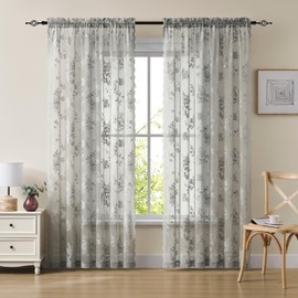 Juego de cortinas de encaje gris de 54 pulgadas de largo, 2 paneles de cortinas transparentes florales grises para cocina, recámara, cortina de flores clásico, bolsillo para barra, cortinas de ventana