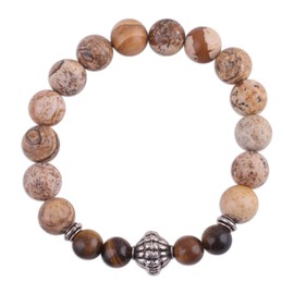 NOVICA Artisan Handmade Jasper Tigers Eye Beaded Stretch Bracelet from India Sterling Silver Brown Birthstone [6.25 in L x 4.3 in W] ' Flavors of The Earth'