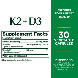 Nature's Bounty Vitamin D3 K2 Supplement, 4000 IU Vitamin D3 Plus 100 mcg of Vitamin K for Heart & Bone Health Support, 30 Day Supply, 30 Vegetarian Capsules, K2 + D3 Supplements for Adults