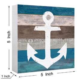 Summer Beach Theme Wood Box Sign Ship Anchor Decor Wooden Block Sign Desk Décor for Home Bedroom Office Desk Cubicle Table Shelf Tabletop Décor,Farmhouse Summer Nautical Anchor Sign Decor