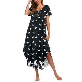 Ekouaer House Dresses for Women with Pockets Long Nightgown Button Night Gowns Short Sleeve Sleep Shirts Butterfly L