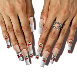 Krystil Luxurious Press On Nails – Exaggerated Glam Style with Rhinestone Accents – 24 Fake Nails Kit, Glossy Decorative Artificial Nail Tips for Women and Girls (Glamour · Cherry, 5 Sizes)