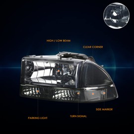 PM PERFORMOTOR Smoke Lens Clear Corner Headlights Replacement Compatible with 98-04 Dodge Durango / 97-04 Dakota, PMHL-DODA-9704-4P-OH-SC