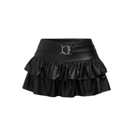 BEAUDRM Women's PU Leather Mini Skirt Punk Tiered Layer Ruffle Drop Low Waist Y2k Short Skirts Black Small