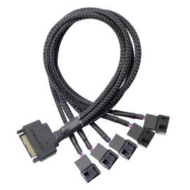 GELRHONR SATA Cooler Fan Adapter Cable，15 Pin SATA to 5 x 3 pin / 4 pin Fan Splitter Cable,15 Pin Male SATA to 3 Pin or 4 Pin Computer PC Case Fan Y Power Adapter Cable - 1.1Ft (Black- 1 to 5)