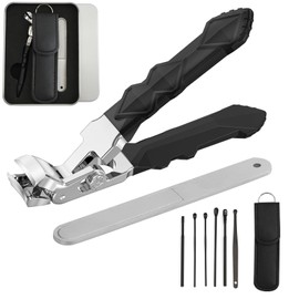 IEMIEBSHA ClipMaster Pro Nail Clippers, Angled Head Nail Clippers for Seniors, Wide Jaw Opening and Long Handle Fingernail Cutter with Catcher, Box and Ear Picking Set for Men Women (Black)