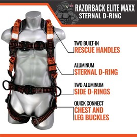 Malta Dynamics Razorback Elite MAXX Sternal D-Ring Safety Harness Fall Protection, Aluminum Quick Connect Buckles, Sewn-In Safety Belt (XX-Large)