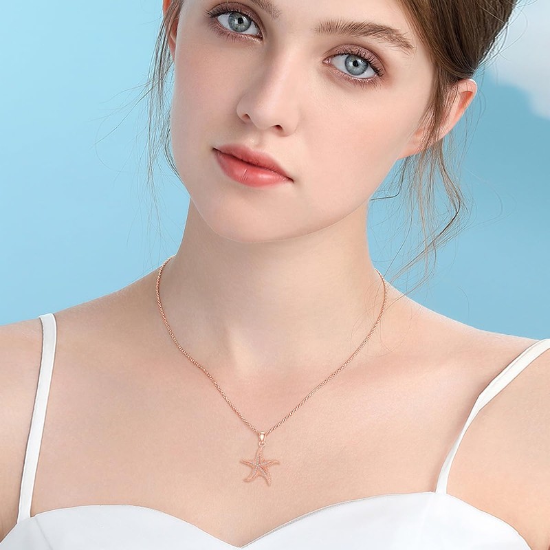 LWXIE Diamond Starfish Necklace for Women 925 Sterling Silver Starfish