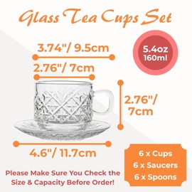 Atarvana 6 Pack Glass Tea Cups and Saucers Set with Spoons, Glazeal Stackable 5.41oz/160ml Heat-Resistant Espresso Cups, Transparent Tea Glass for Cappuccino, Latte, Cafe and Home Kitchen Use