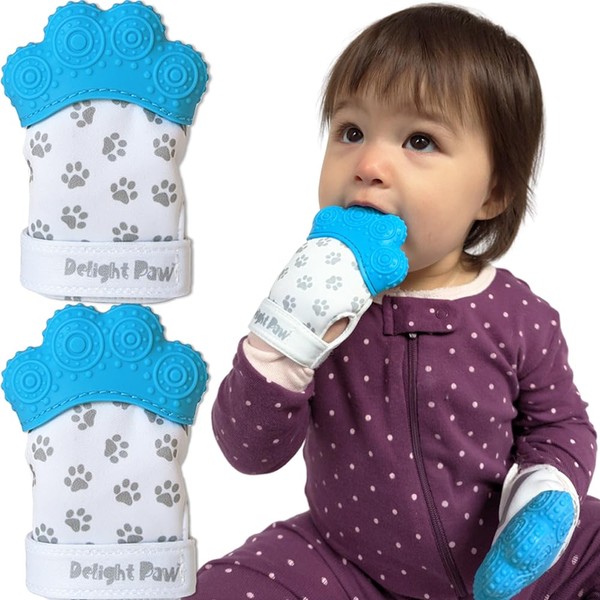 Delight Paw Baby Teething Mitten Mom Designed | Self Soothing Pain Relief | Hygienic Travel Bag | No BPA | Baby Boy Baby Girl | Babies Over 3 Months | Bubbly Blue | 2 Pack