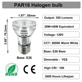 Vinaco PAR16 Halogen Bulb 39 Watt, 6 Pack High Output 350LM PAR16 Bulb（45W Equivalent, PAR16 Flood 39W Warm White 2800K, PAR 16 Dimmable with E26 Base, Halogen 45W Long Neck for Ceiling Light