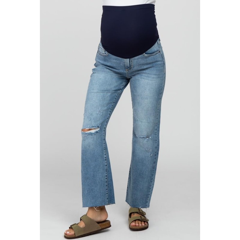 PinkBlush Blue Straight Leg Frayed Hem Maternity Jeans