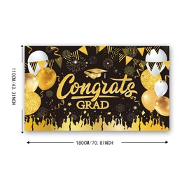 BTZO Congrats Grad Banner, Black Gold, 43.3 x 70.8 inch, Graduation Decoration, Indoor/Outdoor, Wall Mount