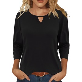 Romanstii Women's 3/4 Sleeve Shirts 2025 Fashion Trendy Summer Tops Business Casual Outfits Keyhole Loose Fit Black L