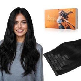 DOORES Human Hair Extensions Clip in, Jet Black 80g 7pcs 12 Inch, Thick Clip in Hair Extensions Remy Natural for Women Gift