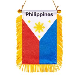 WXTWK 3 X 5 Inch Philippine Philippines Flag Filipino Window Hanging Flag Small Mini Car Flags Banners Rearview Mirror Decoration With Suction Cup Golden Fringy Banner