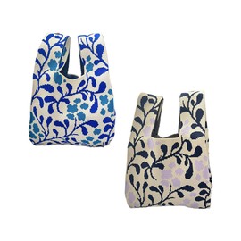 NOIAFZY 2Pcs Black Blue Whimsical Floral Knit Handbag Soft Crochet Woven Design Stylish Wristlet Tote with Knotted Accents