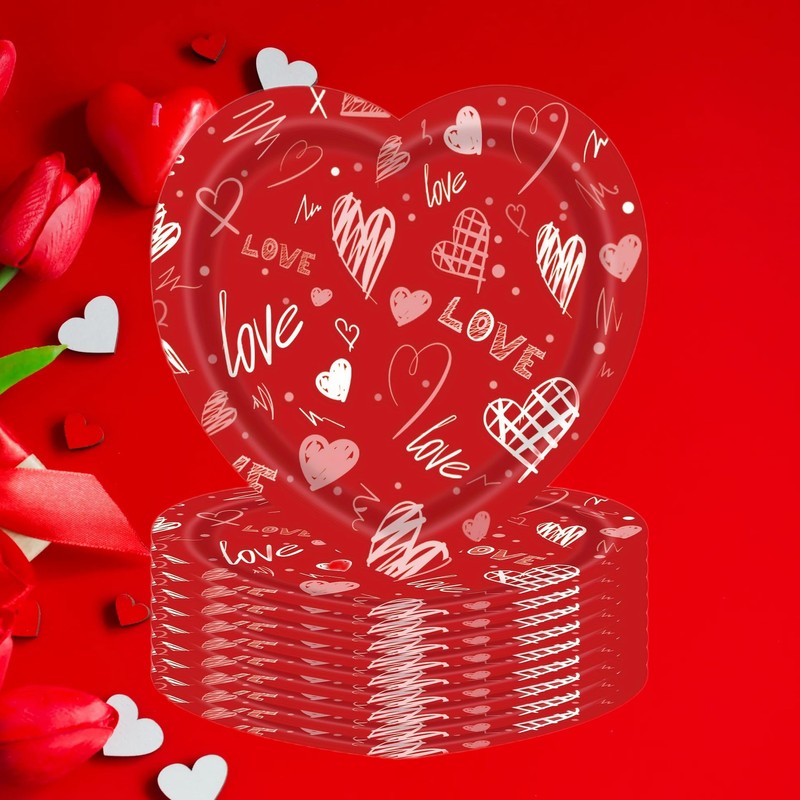 Happy Valentines Day Paper Plates Red Heart Love Shape Disposable