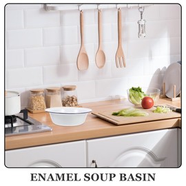 Ciieeo Enamel Bowl Vintage Enamel Basin Large Mixing Bowl White ware with Blue Rim Metal Nesting Food Bowl Deep Round Tray Retro ed Noddle Bowl 22cm