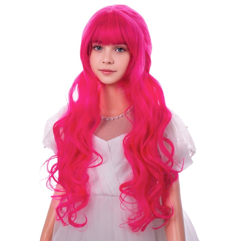 Kids Hot Pink Wig Girls Long Pink Curly Wigs with