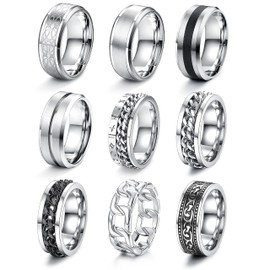 Kakonia 9 Piece Mens Rings Stainless Steel Rings Silver Polished Celtic Knot Vintage Biker Rings Black Chain Rings Men Viking Gothic Rings Set Engagement Friendship Band Rings for Men