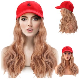 IEBIYO Hat Wig Blonde Baseball Cap with Wavy Hair for Women Girls Adjustable Red Baseball Cap with Heat Resistant Synthetic Blonde Wig