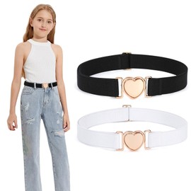 WERFORU 2 Pack Girls Elastic Belts Kids Stretch Belts Fashion Cute Adjustable Heart Belt Black/White