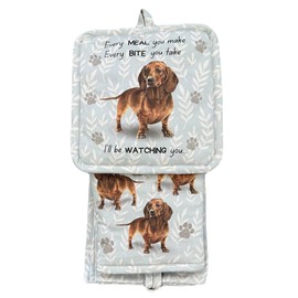 Dachshund 3-Piece Kitchen Set - Oven Mitt, Pot Holder & Kitchen Towel Set, Heat Resistant up to 420 F, Soft Quilted Cotton for Cooking, Baking, BBQ, Pet Lover Gifts (Dachshund Red)