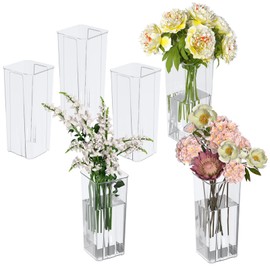 Buyitt Acrylic Tall Square Flower Vases, Clear Square Table Flowers Vase, 6 Pack