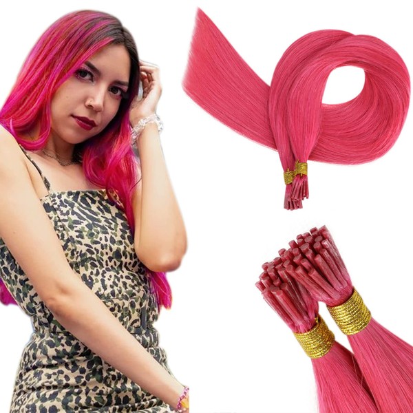 RUNATURE I Tip Hair Extensions Human Hair Color Hot Pink Human Hair Extensions for Women 20 Inch Stick Tip Extensions Pre Bonded K Tips Human Hair Extensions Salon Quality Remy Hair 20 Inch 25g 25 Strands