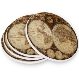 visesunny Old World Map Pattern Drink Coaster Moisture Absorbing Stone Coasters with Cork Base for Tabletop Protection Prevent Furniture Damage(Brown), 4 Pieces