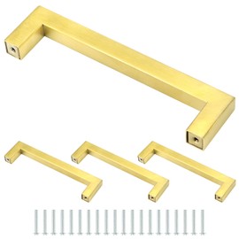 QWORK 10 Pack 5 Inch Brushed Brass Cabinet Pulls - Solid Cabinet Hardware Gold Handles, Stainless Steel Drawer Pulls for Cupboard Cabinets Kitchen Door Bathroom Furniture