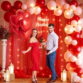 10x10ft Red Tulle Backdrop Curtain with Lights String for Parites, Sheer Backdrop Curtains for Wedding Baby Shower Birthday Party Photo Shoot Decorations